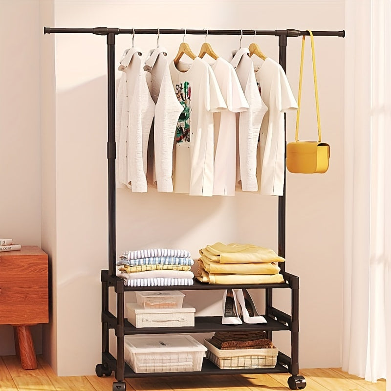 Metal Clothes Rack With 2 Layer Storage Shelf & Wheels Easy Assembly