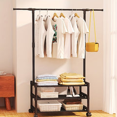 Metal Clothes Rack With 2 Layer Storage Shelf & Wheels Easy Assembly
