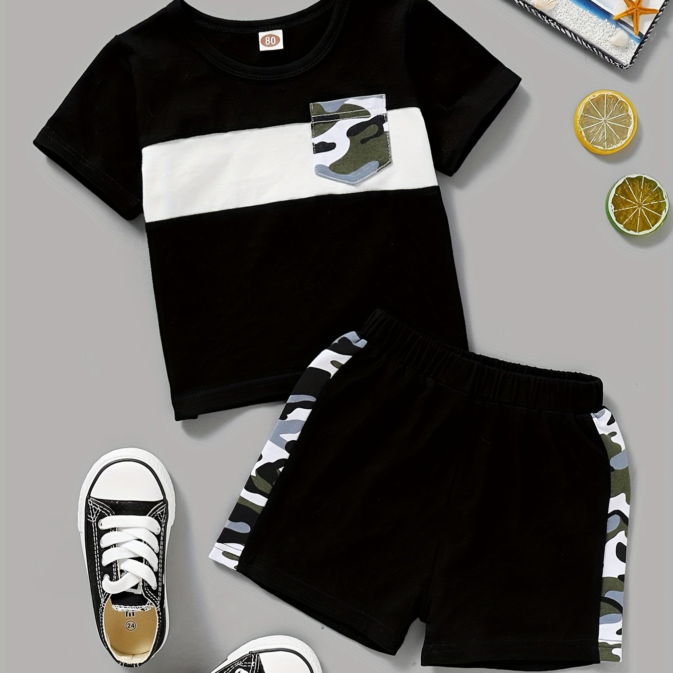 2pcs Baby Boys Block Pocket Patched T shirt & Shorts Set