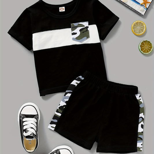 2pcs Baby Boys Block Pocket Patched T shirt & Shorts Set