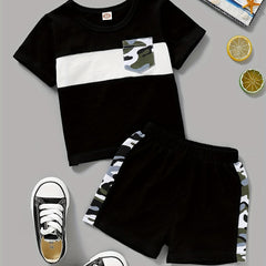2pcs Baby Boys Block Pocket Patched T shirt & Shorts Set