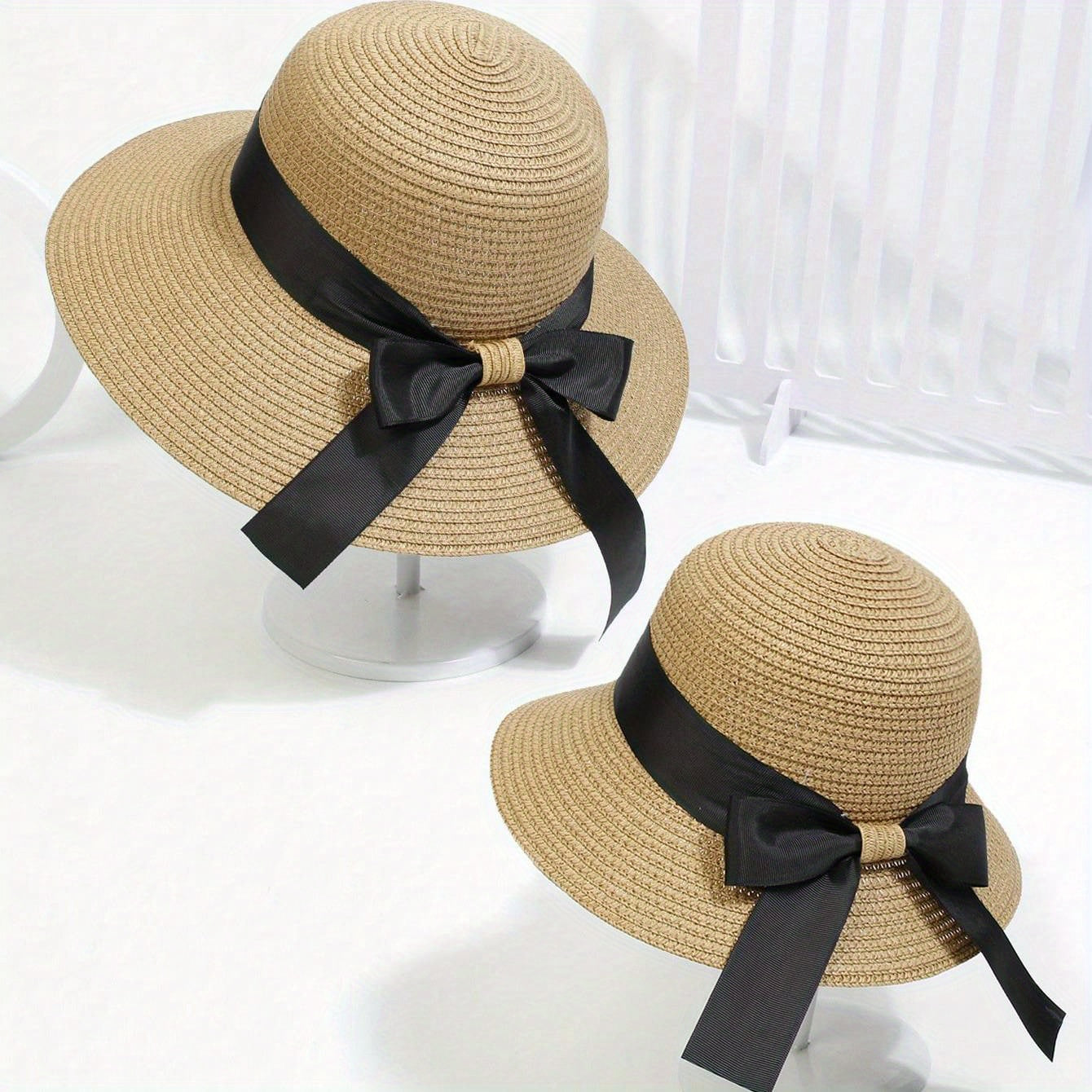 Kids Straw Hat Set with Bow Tie - Parent Child Beach Hat