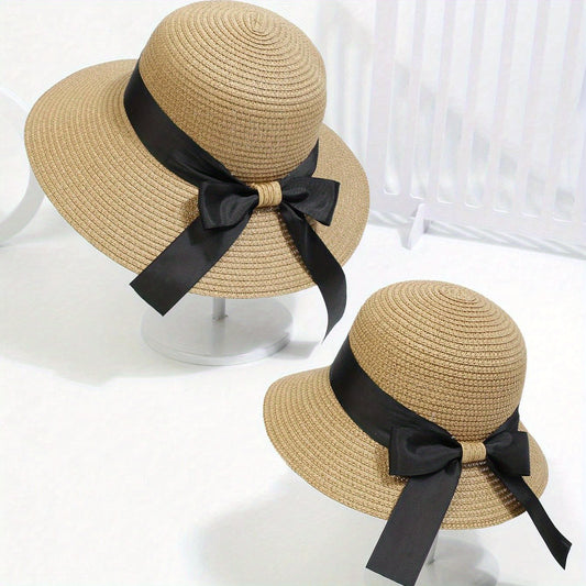 Kids Straw Hat Set with Bow Tie - Parent Child Beach Hat