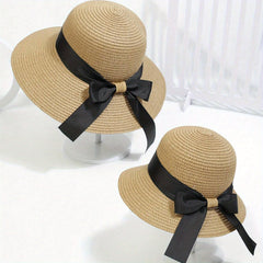 Kids Straw Hat Set with Bow Tie - Parent Child Beach Hat