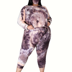 Women's Plus Tie Dye Long Sleeve Top & Pants Outfits 2 Piece Set