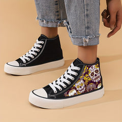 Skull & Flower Print Canvas High Top Sneakers