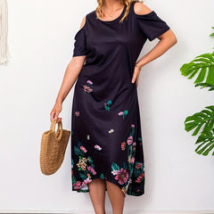 Floral Print Cold Shoulder Short Sleeve Round Neck Dress
