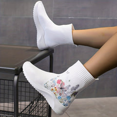 Flower & Butterfly Pattern Sneakers: Casual & Breathable Knit Sock Shoes