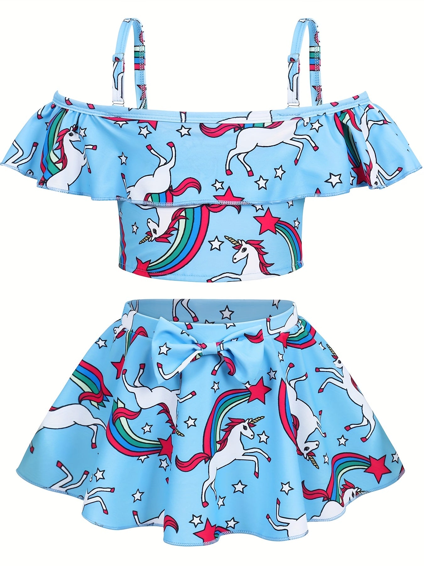 Toddler Girls Unicorn Swimsuit Ruffle Top & Bow Skort Set