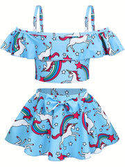 Toddler Girls Unicorn Swimsuit Ruffle Top & Bow Skort Set
