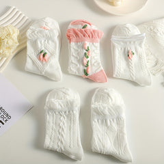 5 Pairs Floral Embroidered Mid Crew Socks Multicolor Women's Socks