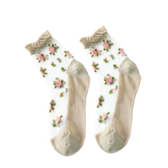 5 Pairs Floral Print Tulle Socks Lightweight & Breathable