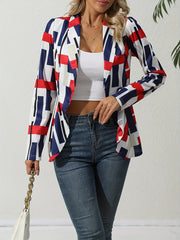 Geo Print Open Front Blazer Vintage Lapel Long Sleeve Blazer