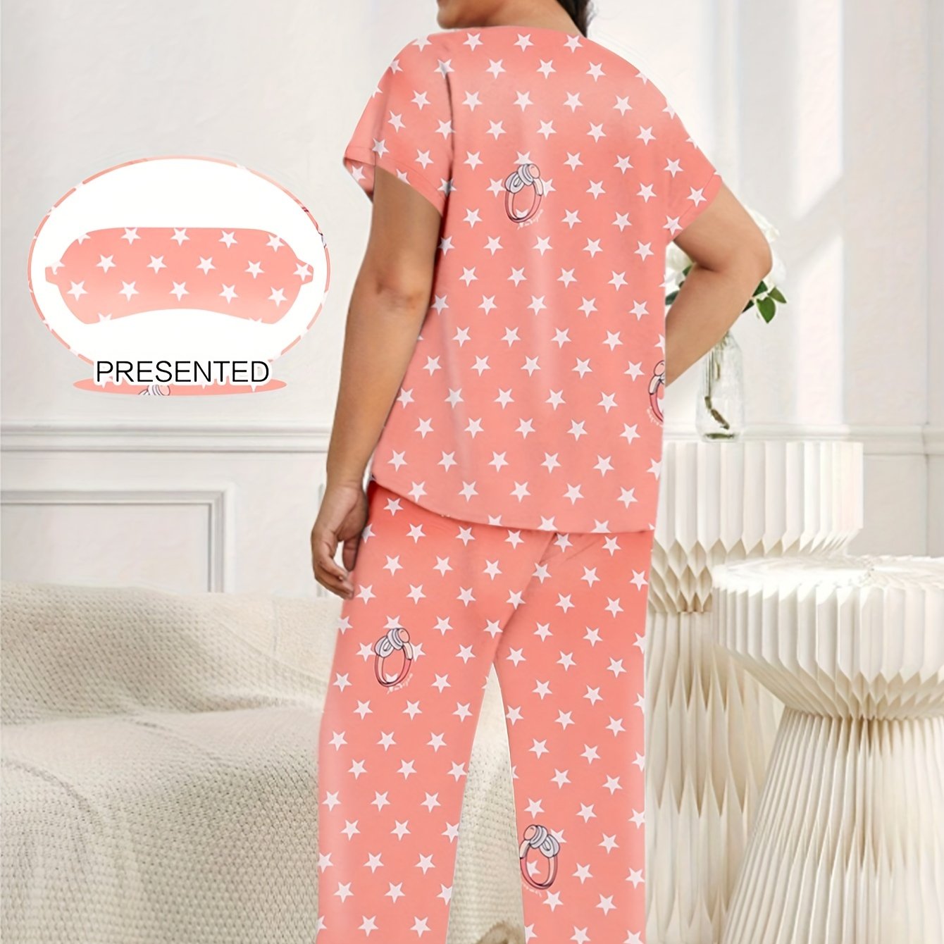 Casual Pajama Set Women's Plus Star & Ring Print Tee & Pants