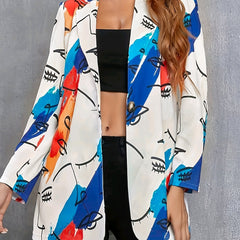 Graphic Print Double Breasted Lapel Neck Blazer Casual Long Sleeve Blazer