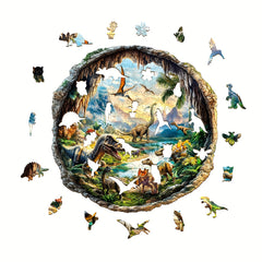 Jurassic Cave Wooden Jigsaw Puzzle Dinosaur Prehistoric Scene Vibrant Colors