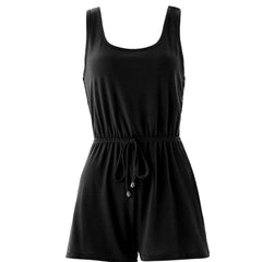 Casual Drawstring Waist Romper Jumpsuit Solid Color Sleeveless Summer Outfit