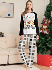 Christmas Elk Print Pajama Set Long Sleeve Top & Plaid Pants