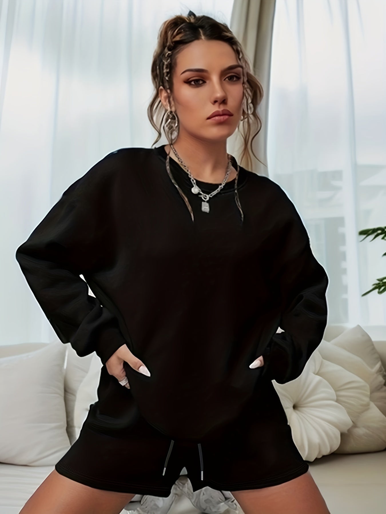 Women's Plain Sweatshirt & Shorts 2 Piece Set