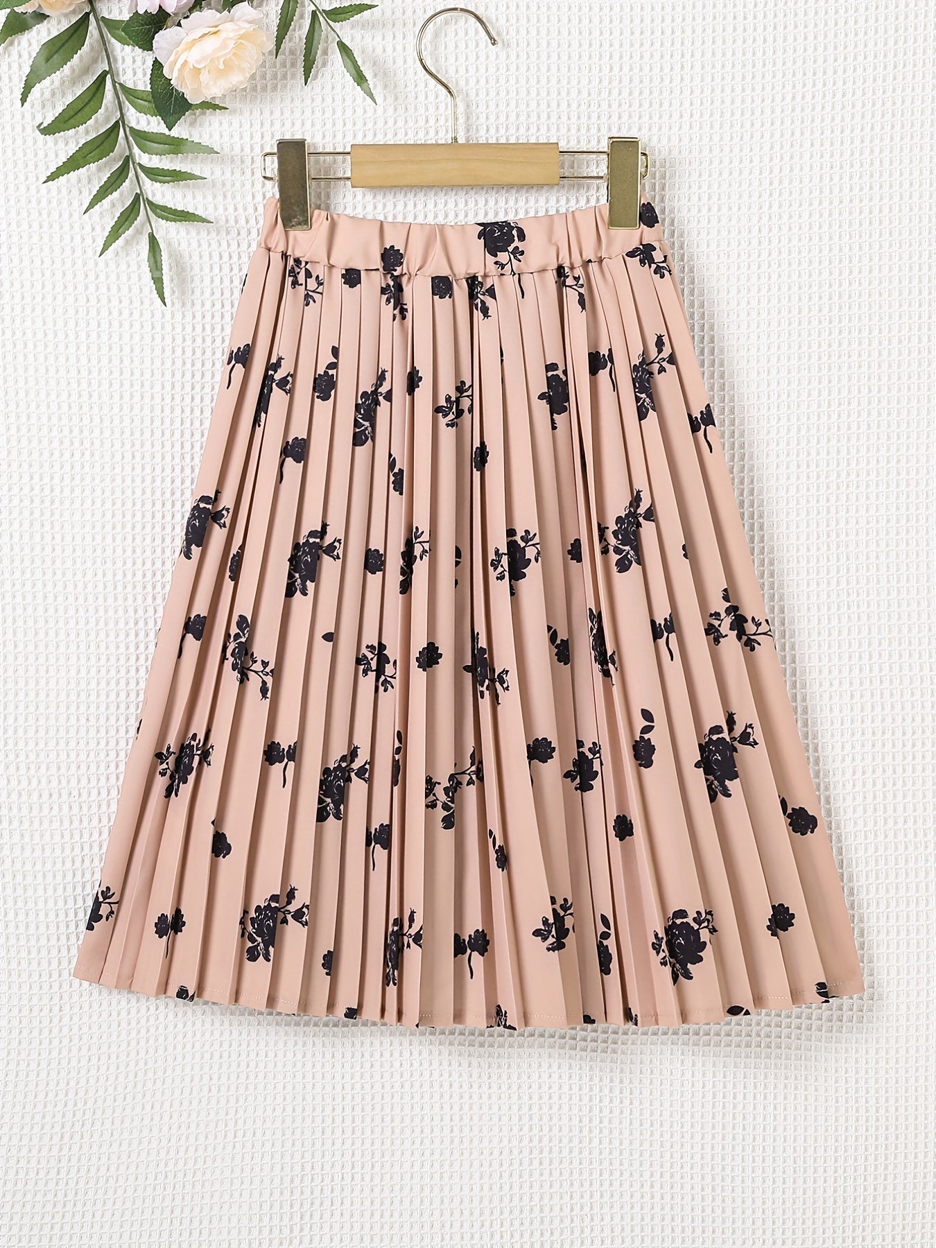 Floral Pleated Skirt Elastic Waist Midi Skirts