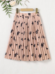 Floral Pleated Skirt Elastic Waist Midi Skirts
