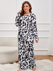 Leaf & Floral Print Pajama Set Long Sleeve Round Neck Tee & Pants