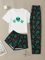 Alien Print Pajama Set Short Sleeve Crew Neck Top & Elastic Waistband Shorts