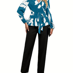 Surplice Neck Long Sleeve Blouse & Slim Pants Set