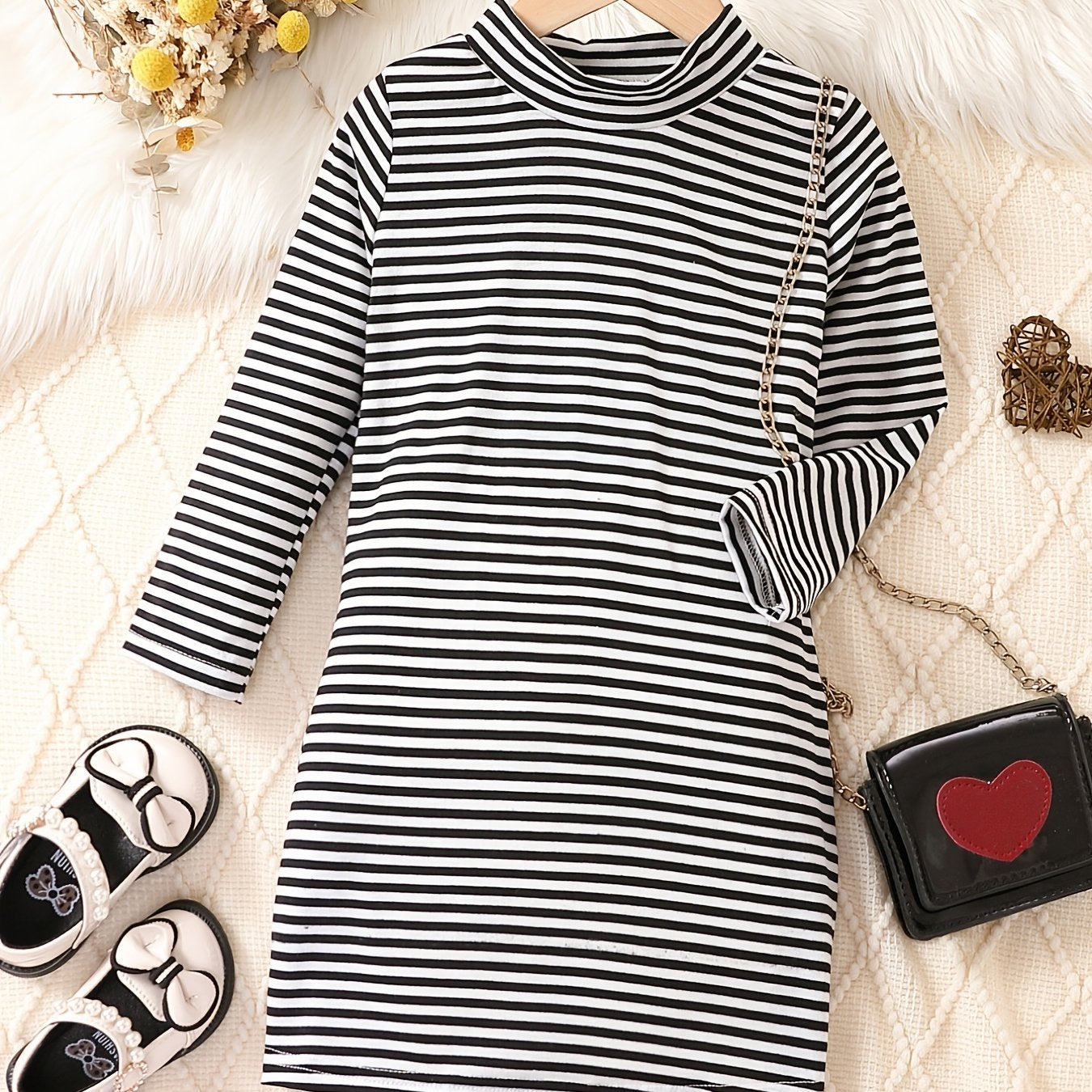 Girls' Long Sleeve Striped Mock Neck Dress