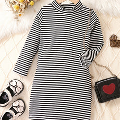 Girls' Long Sleeve Striped Mock Neck Dress