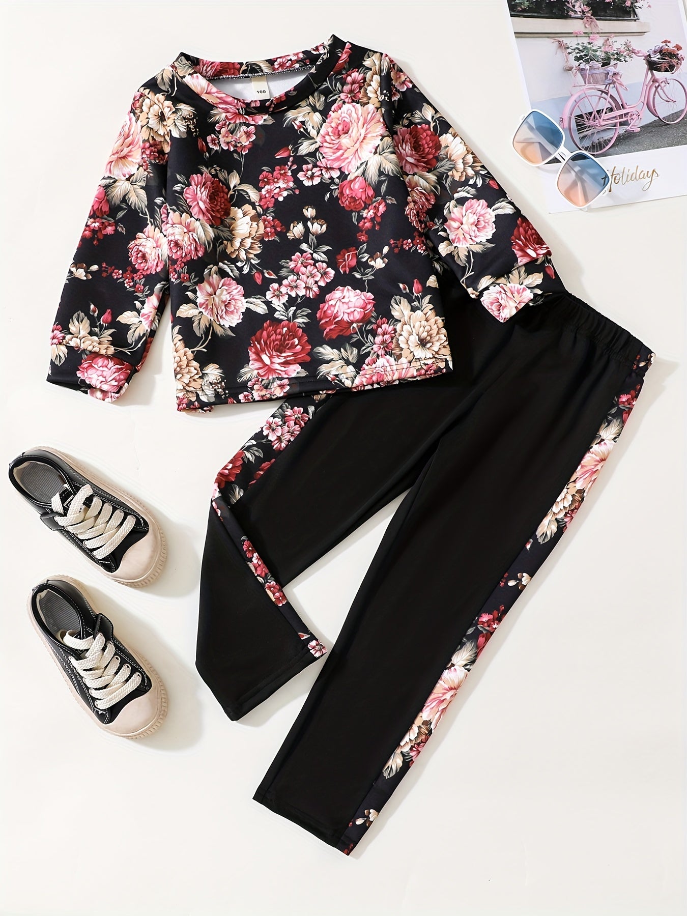 Peony Floral Pattern Girl's 2pcs Long Sleeve Top & Pants Set