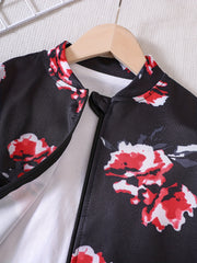 Girls' Floral Print Long Sleeve Jacket Top, Zipper Up