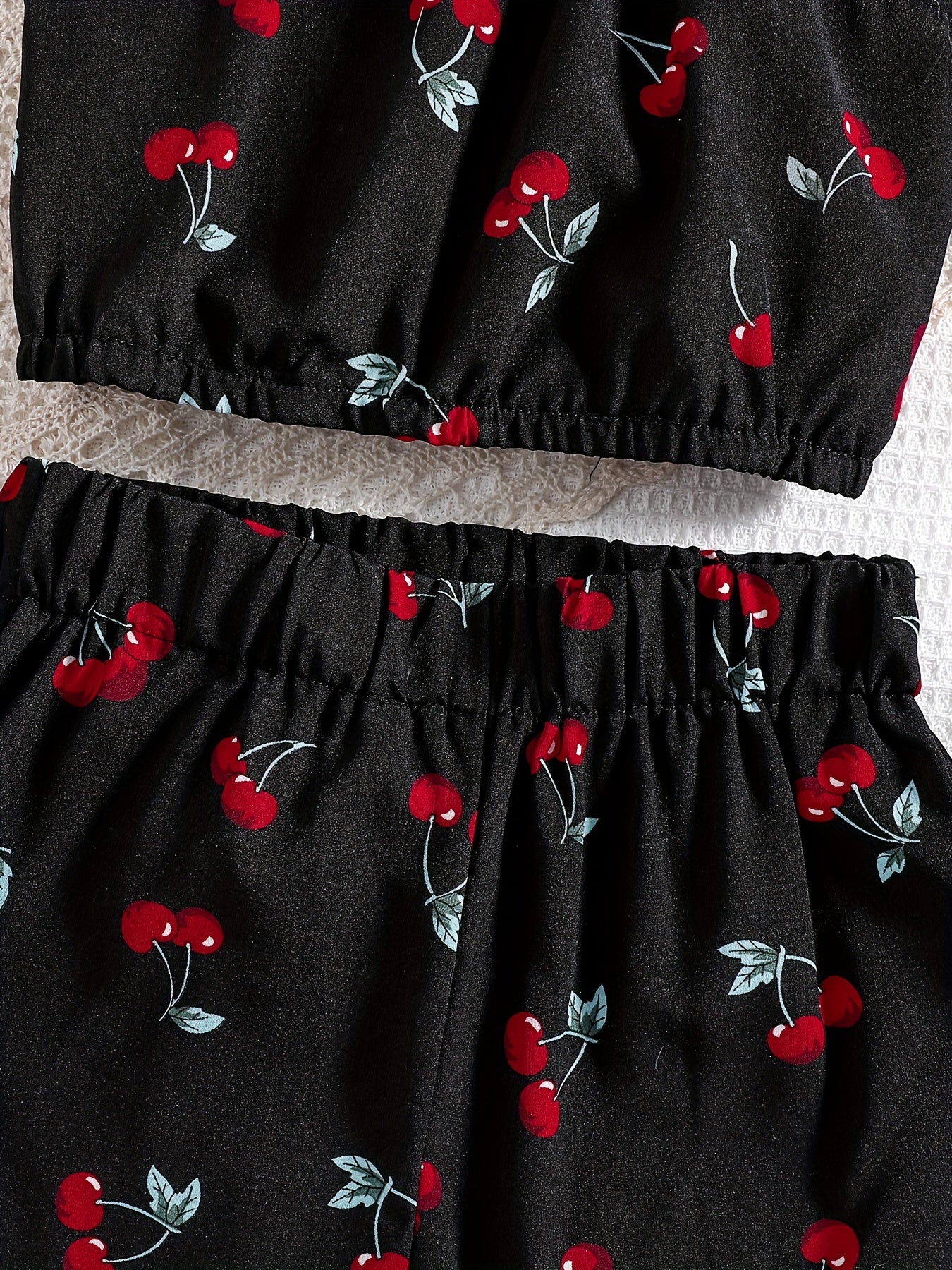 Girls Cherry Print Off Shoulder Camisoles & Elastic Waist Shorts Set