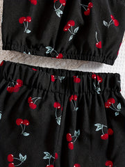 Girls Cherry Print Off Shoulder Camisoles & Elastic Waist Shorts Set