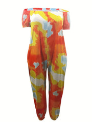 Tie Dye Puff Sleeve Jumpsuit Medium Stretch with Pockets