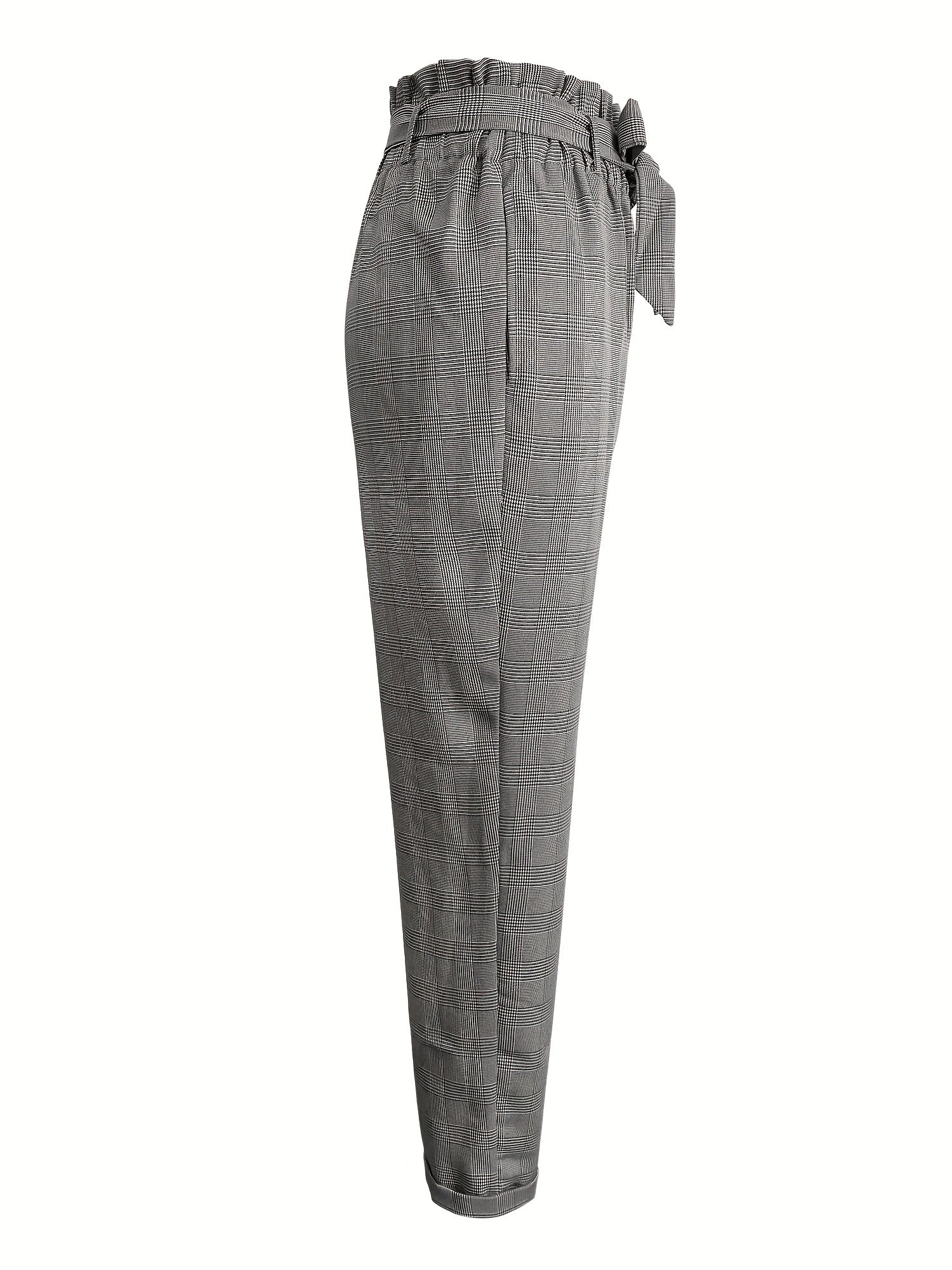 Plaid Print Belted Tapered Pants Paper Bag Waist