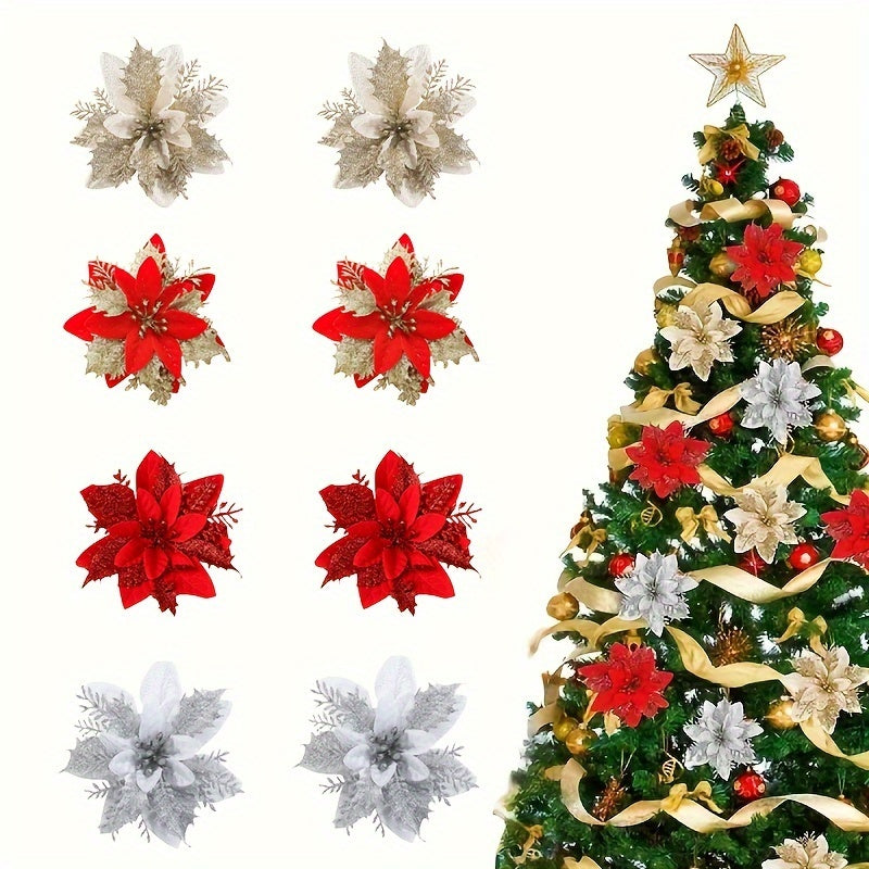 10pcs Glitter Poinsettia Flowers Christmas Wreath Tree Ornaments