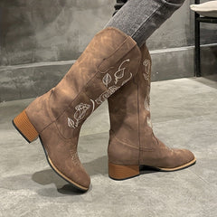 Western Embroidered Cowgirl Boots Chunky Heeled Mid Calf Boots