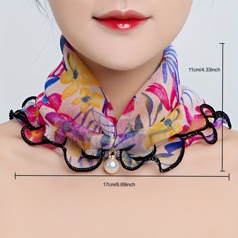 Floral Print Infinity Scarf with Faux Pearl Pendant