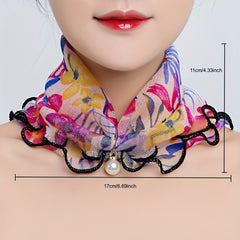 Floral Print Infinity Scarf with Faux Pearl Pendant