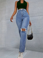 Neon Green Star Print Patch Pocket Straight Leg Jeans Ripped High Rise Washed