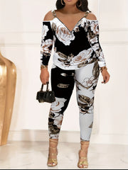 Floral Print 2pc Set Cold Shoulder Tops & Leggings Outfit