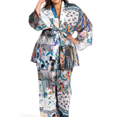 Boho Outfits Set Women's Floral Geo Wrap Kimono Top & Pants