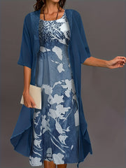 Women's Plus Solid Cardigan & Floral Print Dress 2PC Set