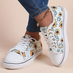 Sunflower Print Canvas Lace Up Sneakers Women