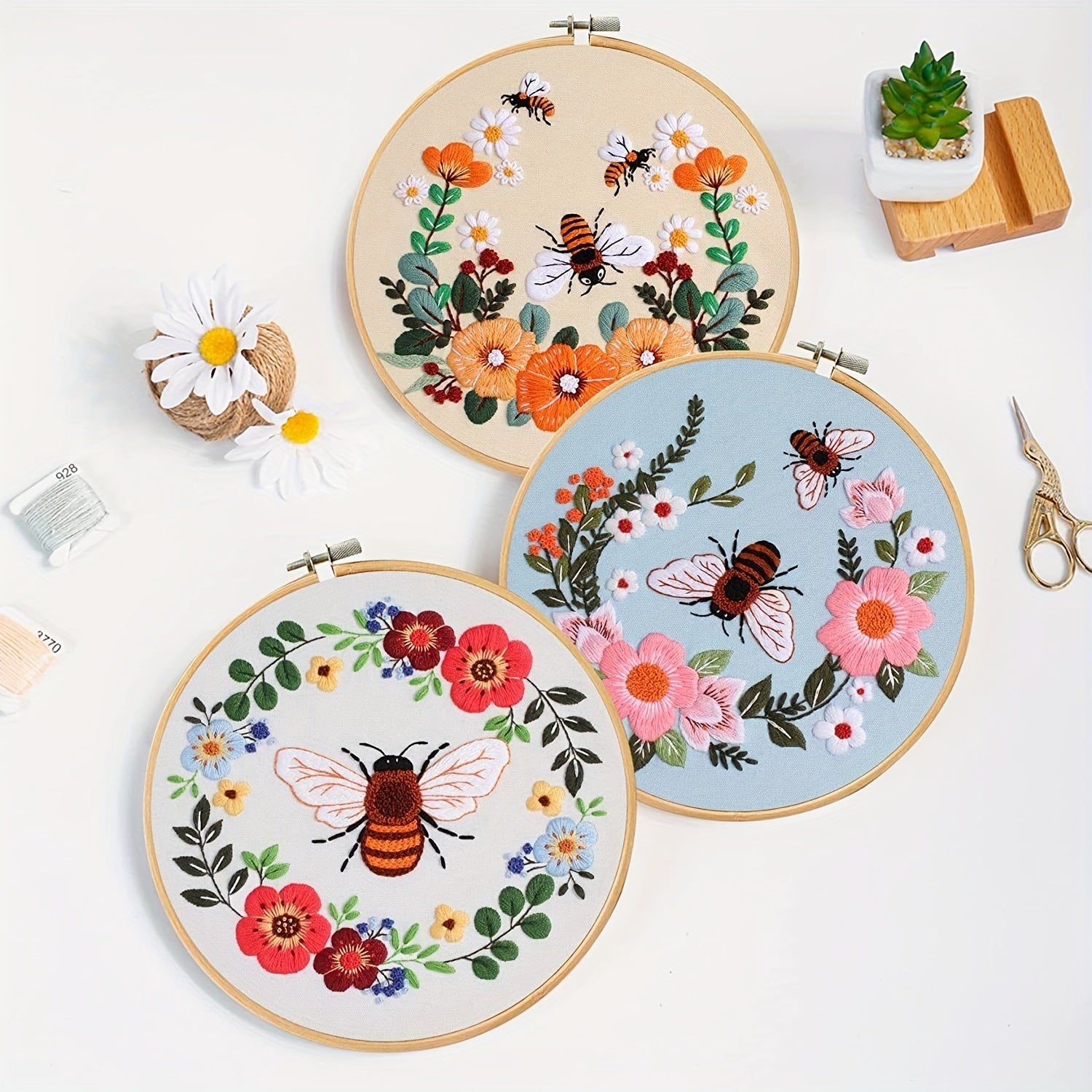 3 Pack Starter Embroidery Kits with Honeybee Flower Patterns