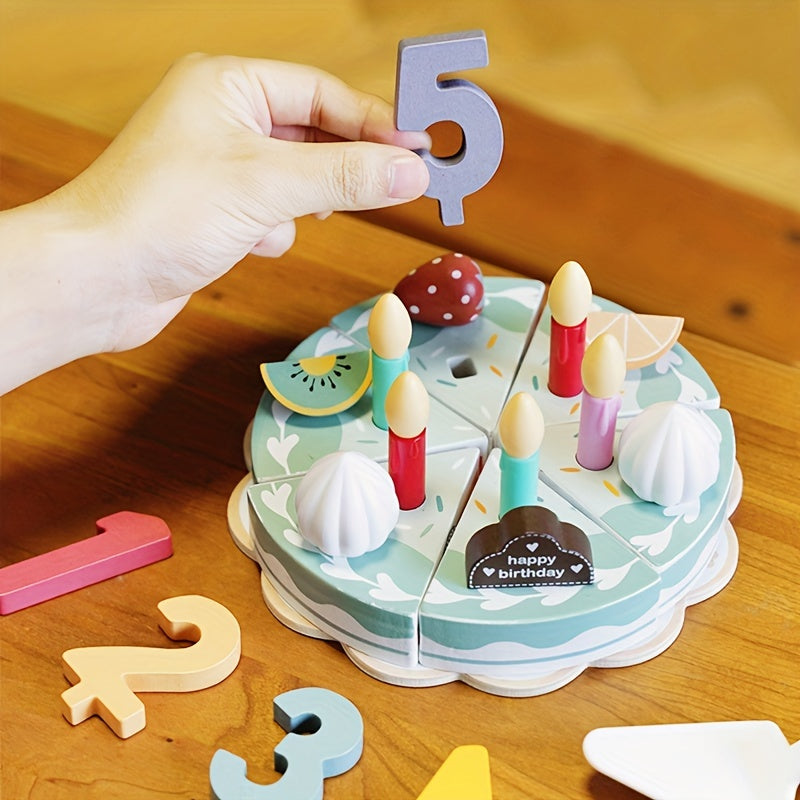 Wooden Birthday Cake Toy Set with Fruit Cream Numbers 1-5 and Candles