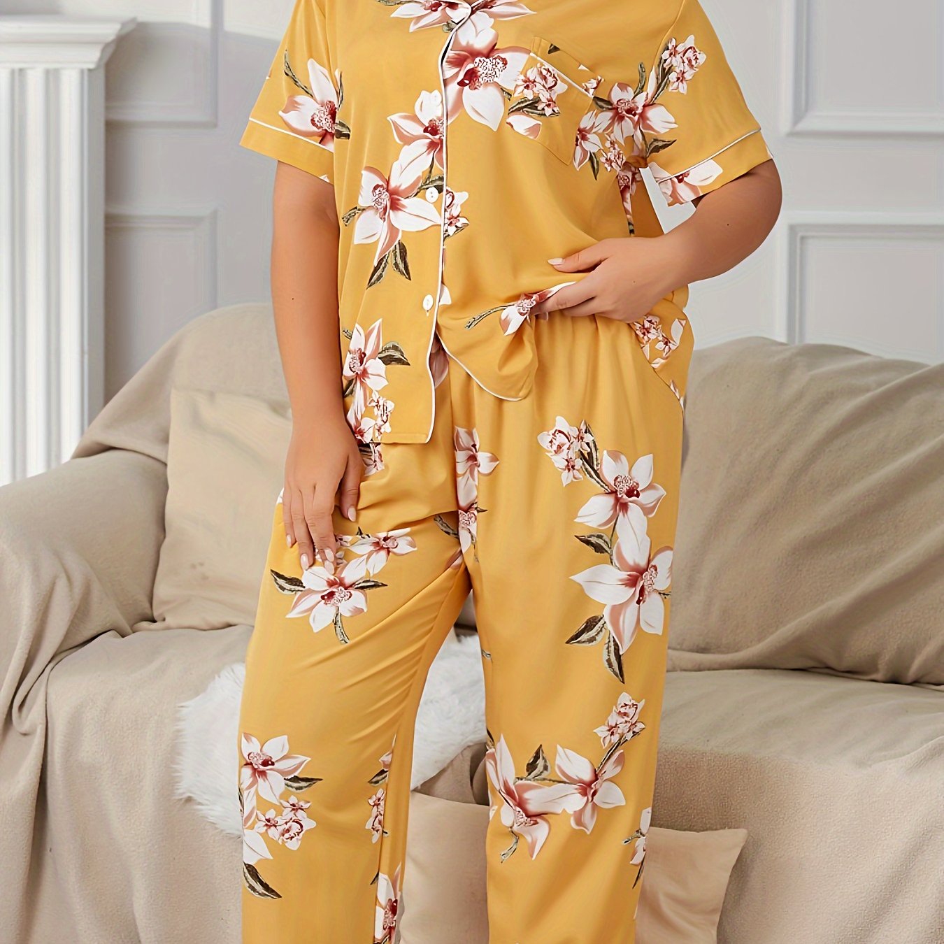 Floral Print Pajamas Set Short Sleeve Button Up Shirt & Pants