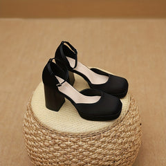 Women's Square Toe Block Heel Pumps with Buckle Strap
