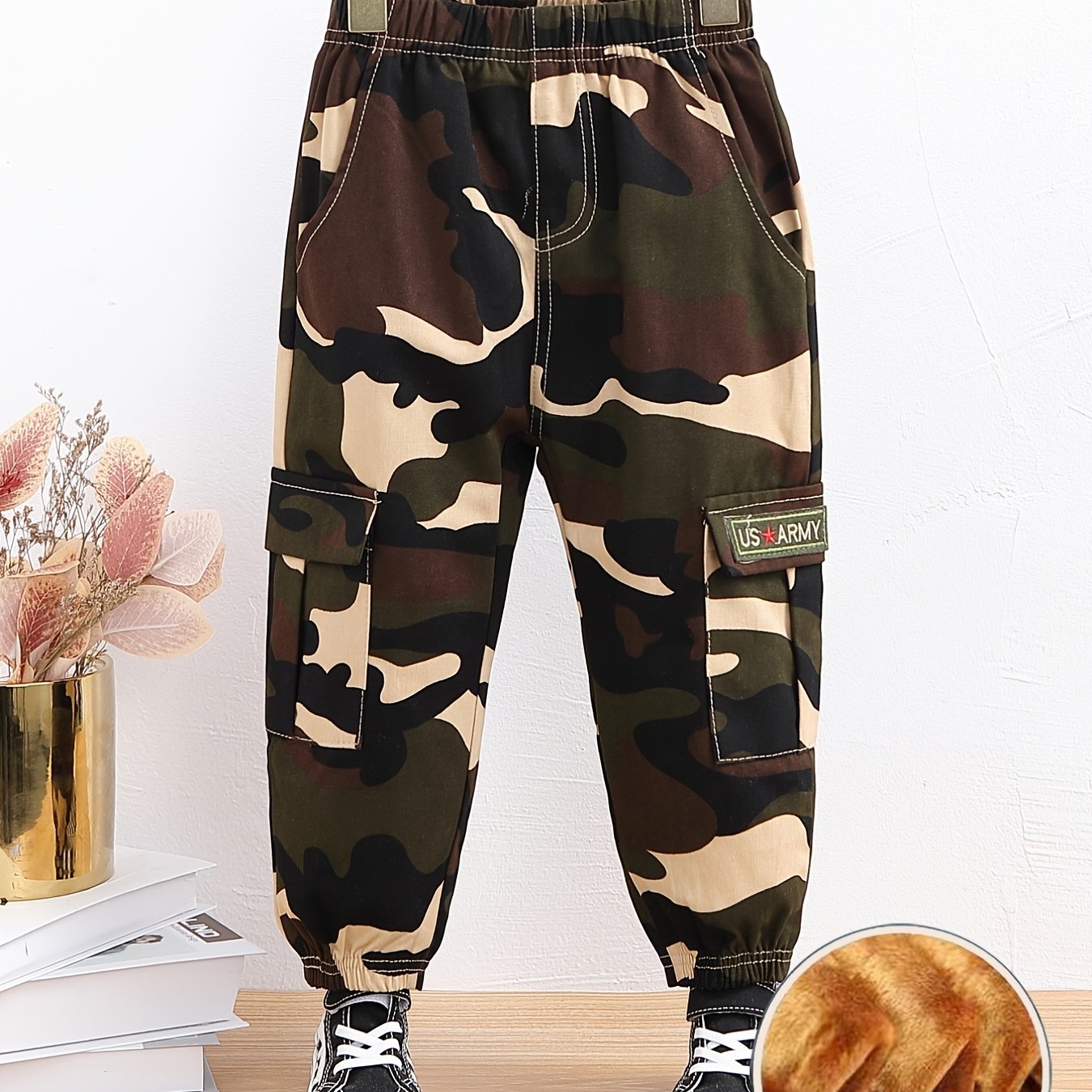 Boys Camo Cargo Pant Plush Warm Winter Trousers Kids Clothes